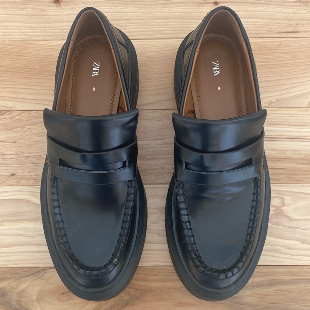 Zara Black Leather Penny Loafers